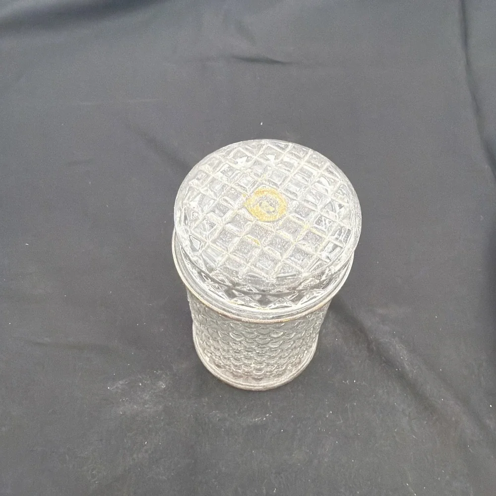 Vintage Avon Clear Glass Jar Carved Cut Pattern Bottle Dish + Lid w/ Feet - 5